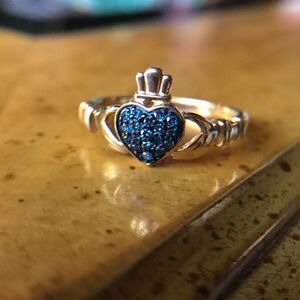 Natural Blue Diamond Sterling Silver Yellow Gold Vermeil Claddagh Ring Size 7
